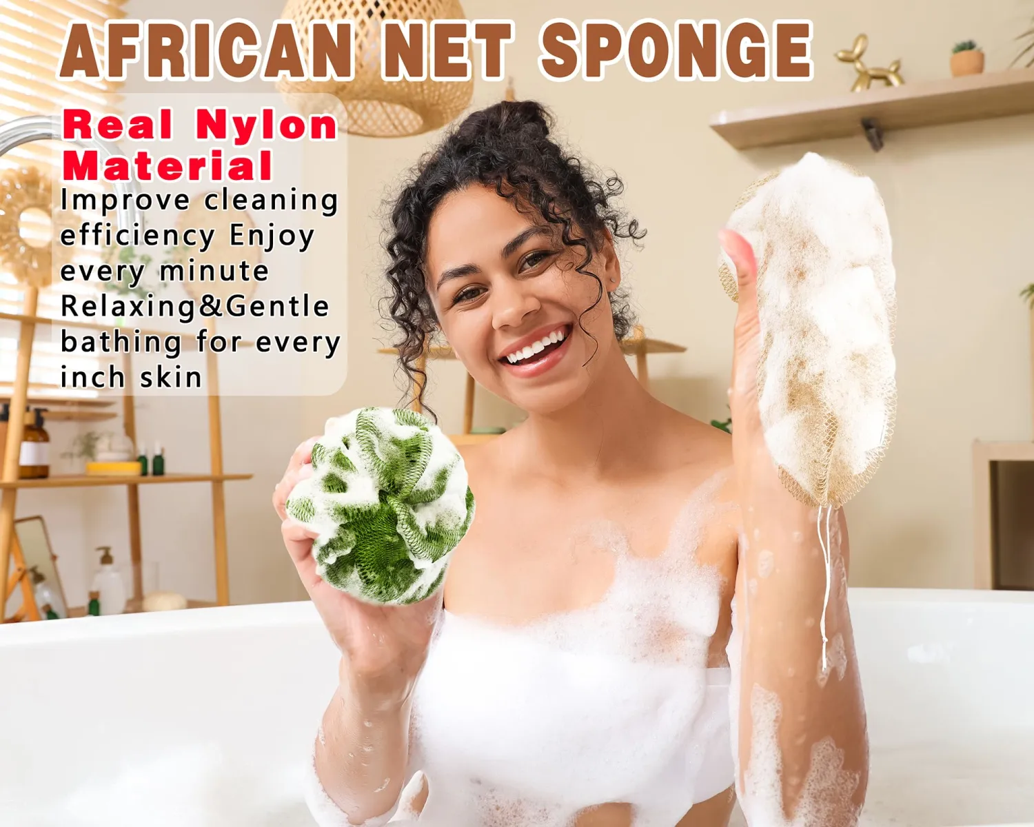 2 Pack African Net Sponge Exfoliating Body Scrubber Bath Sponge for Daily Use (Champange+Olive Green)