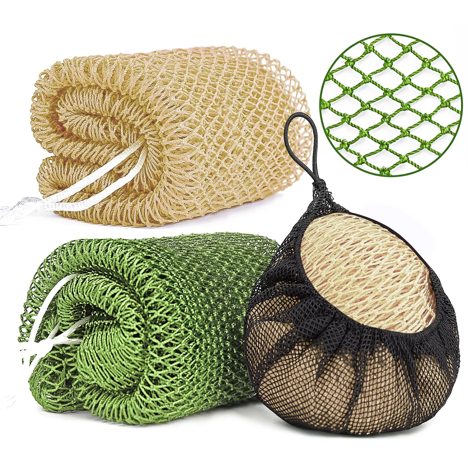 2 Pack African Net Sponge Exfoliating Body Scrubber Bath Sponge for Daily Use (Champange+Olive Green)