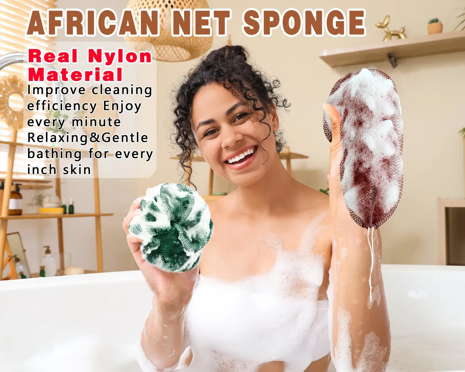 2 Pack African Net Sponge Exfoliating Body Scrubber Bath Sponge for Daily Use (Dark Brown+Dark Green)