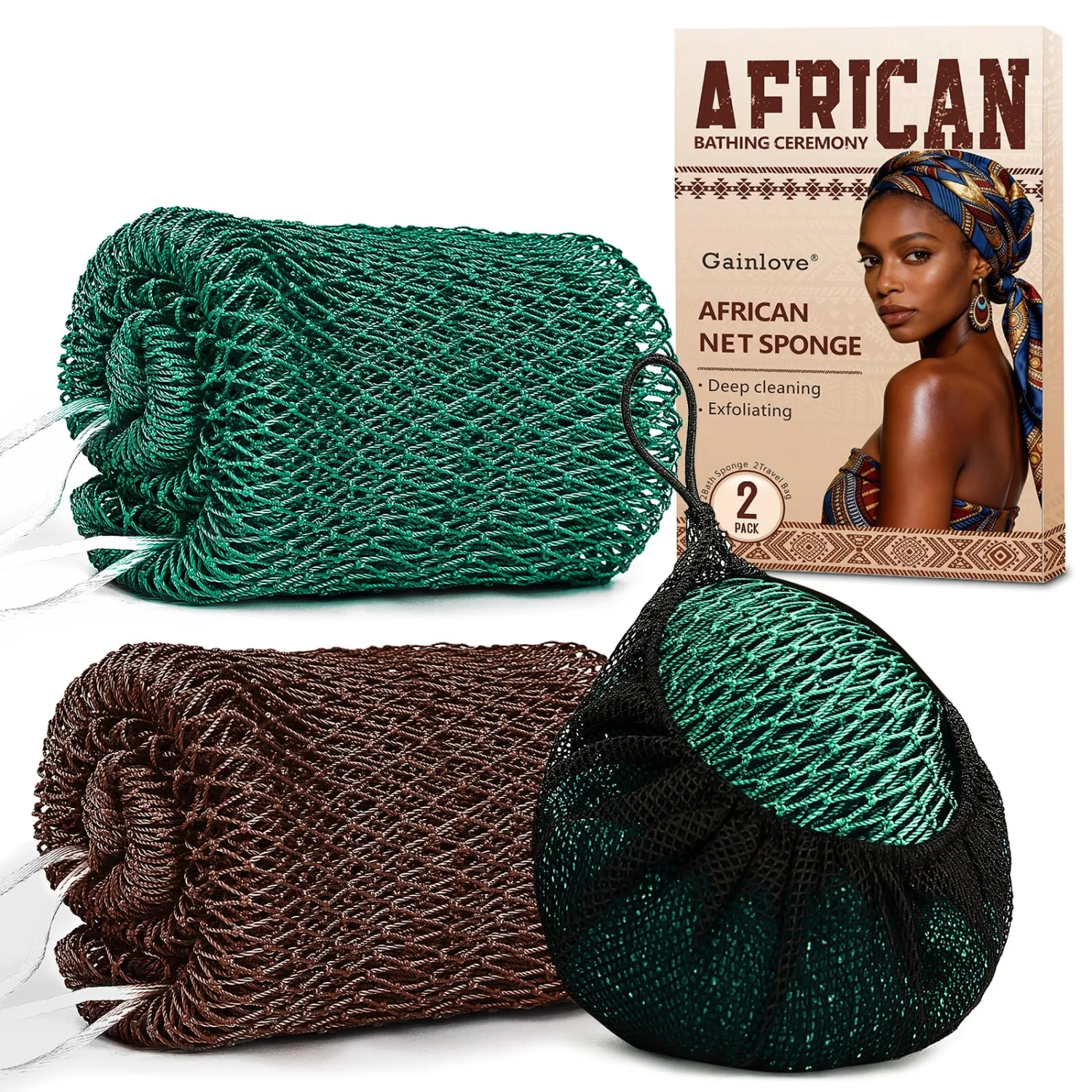 2 Pack African Net Sponge Exfoliating Body Scrubber Bath Sponge for Daily Use (Dark Brown+Dark Green)