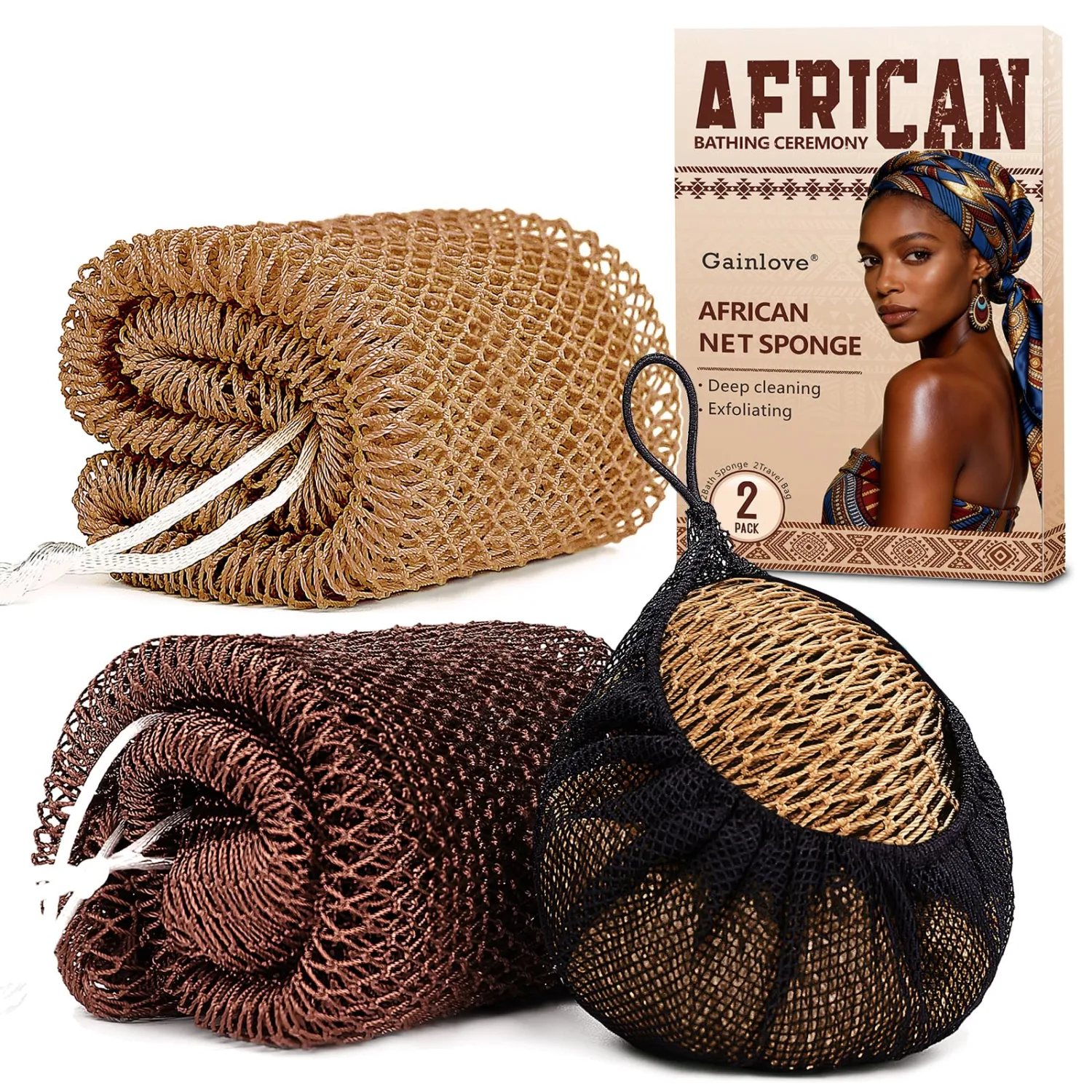 2 Pack African Net Sponge Exfoliating Body Scrubber Bath Sponge for Daily Use (Dark Brown+Light Brown)