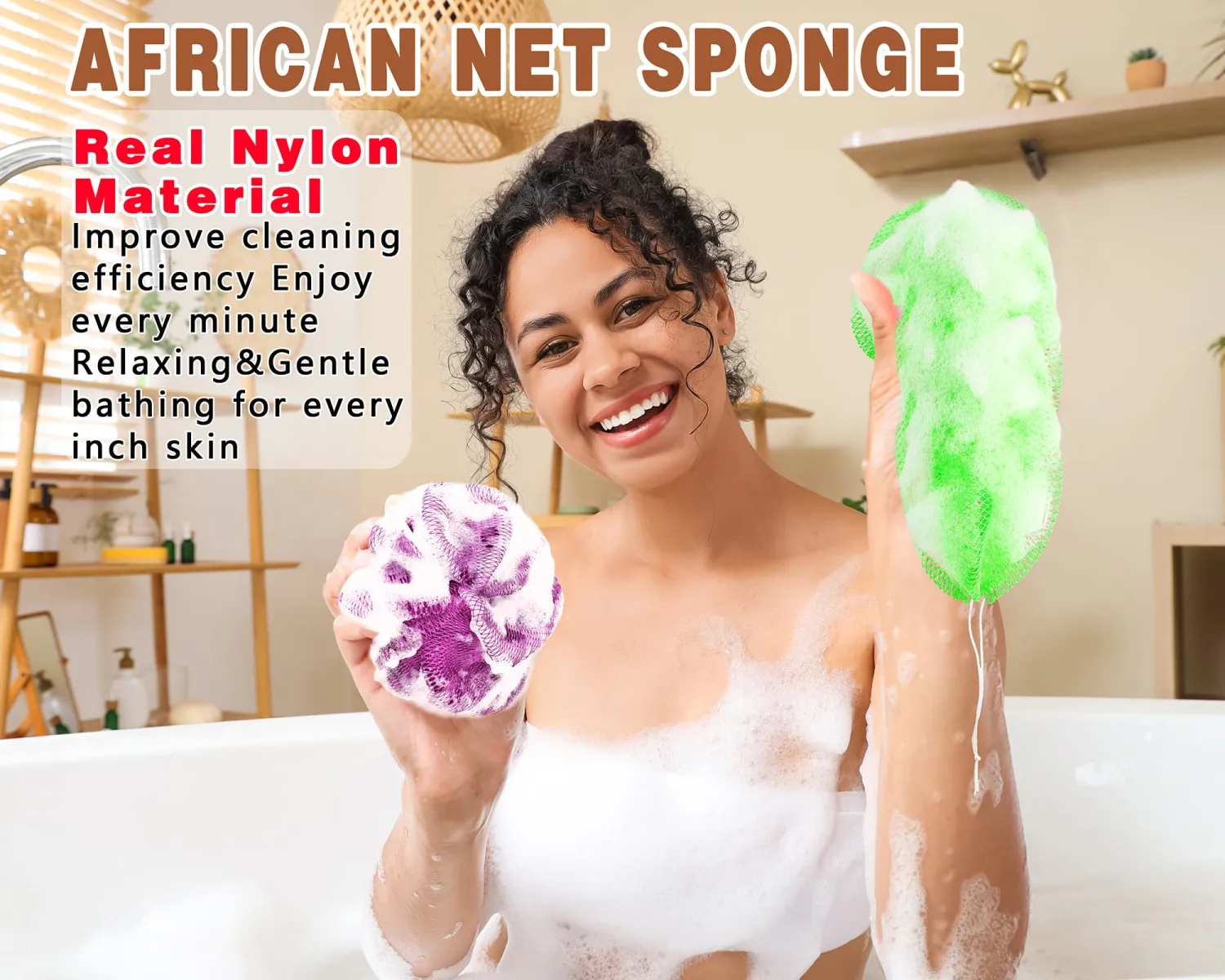 2 Pack African Net Sponge Exfoliating Body Scrubber Bath Sponge for Daily Use (Light Purple + Light Green)