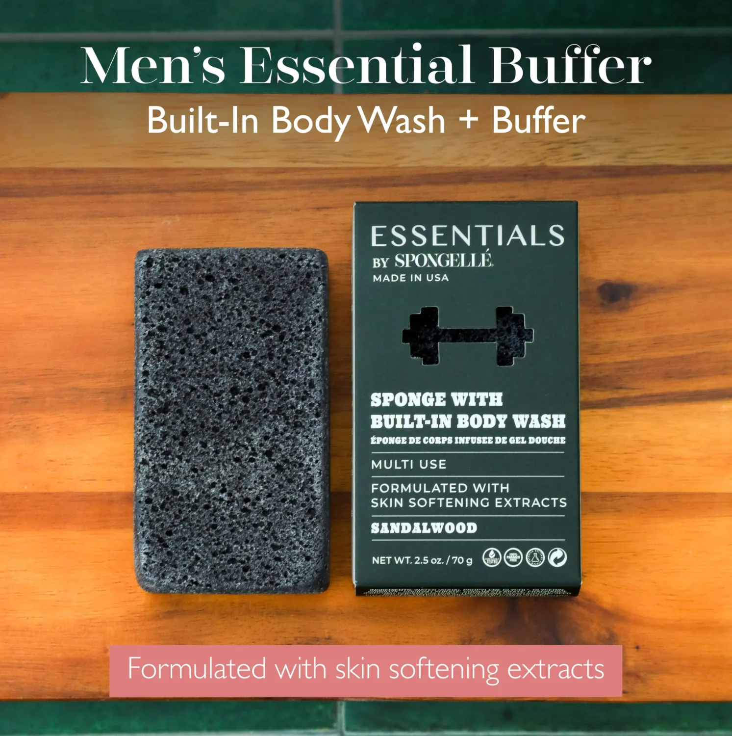 Spongelle Men's Essentials Sandalwood Body Buffer | Bath & Shower Loofah for Men | Cleanse, Exfoliate, and Nourish in one Easy Step | Cruelty-Free, Vegan, Dermatologist-Tested, Made in USA