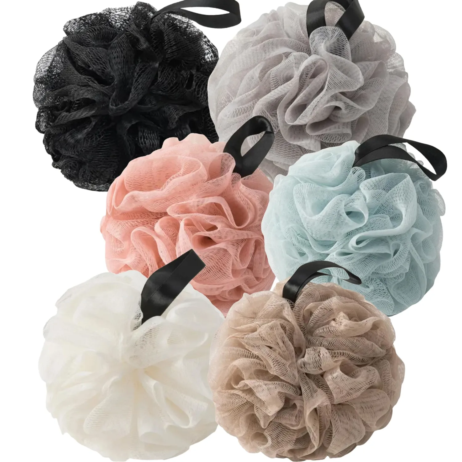 Loofah Sponges for Shower,Neutral Plus 6 Pack - Black, Gray, Beige, Khaki, Blue & Pink