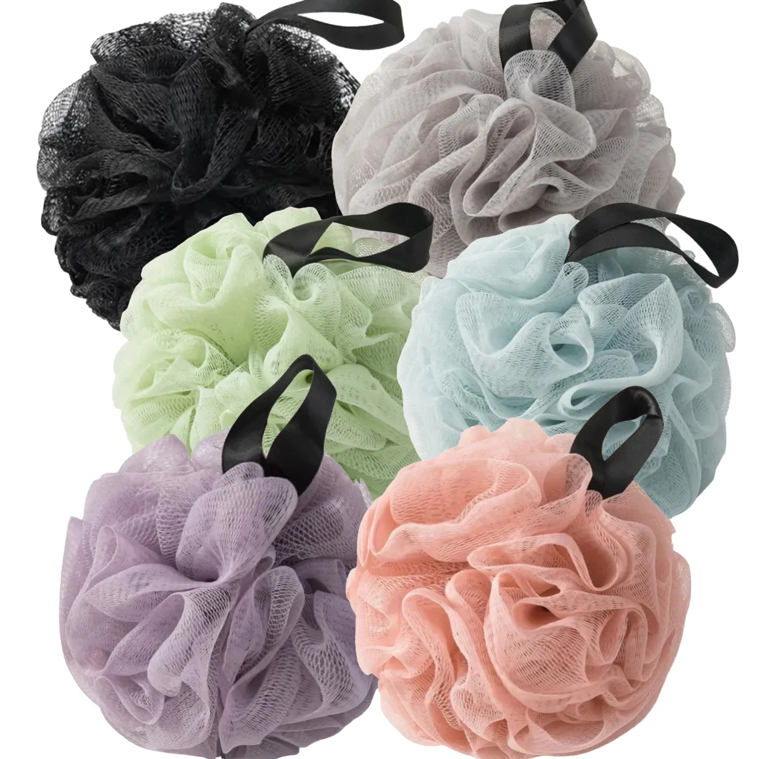 Loofah Sponges for Shower,Popular Mix Plus 6 Pack - Black, Gray, Sky Blue, Pink, Purple & Light Green