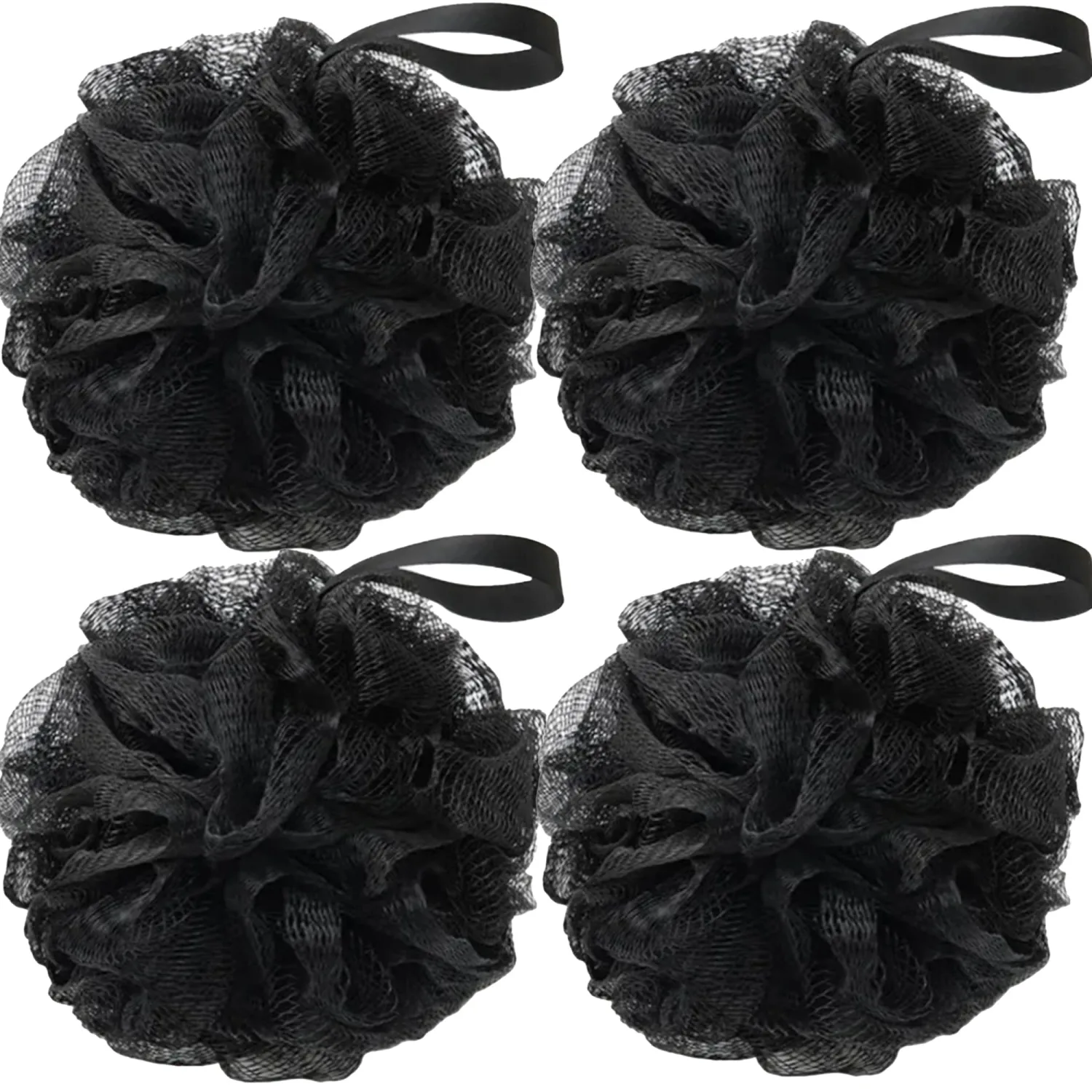 Loofah Sponges for Shower,Exfoliating Cleaning Bath Loofa Body Scrubber Balls for Women Men Washing,All Black 4 Pack
