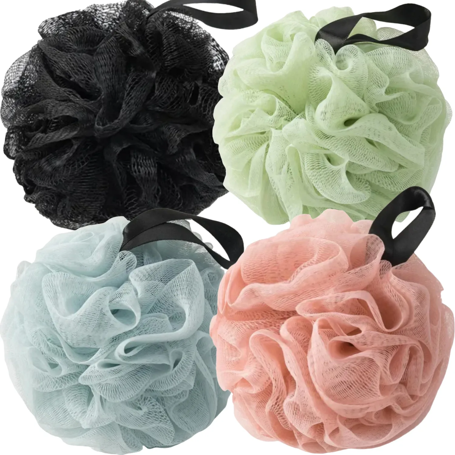 Loofah Sponges for Shower,Exfoliating Cleaning Bath Loofa Body Scrubber Balls for Women Men Washing,Popular Mix 4 Pack - Black, Sky Blue, Pink & Light Green