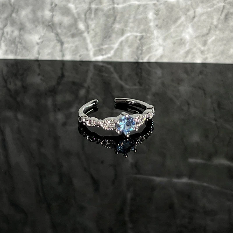 Ocean Blue Zircon Open Ring, Delicate Clear Diamond Inlay, Elegant Skin-friendly, Minimalist Cold Chic Women Jewelry