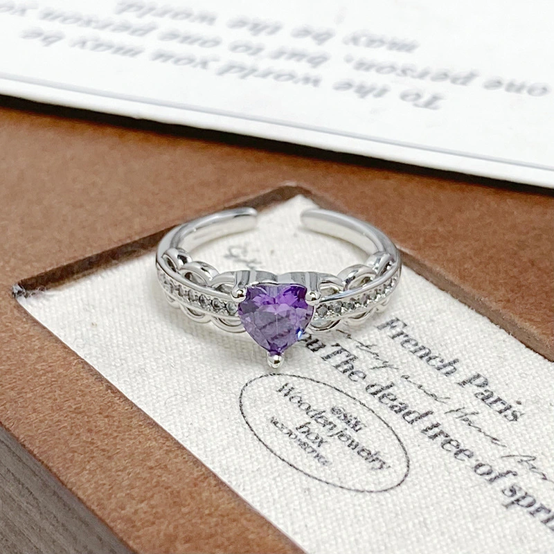 Flower Shaped Purple Zircon Open Ring, Lucky Charm Full Diamond, Exquisite Light Luxury Ornament
