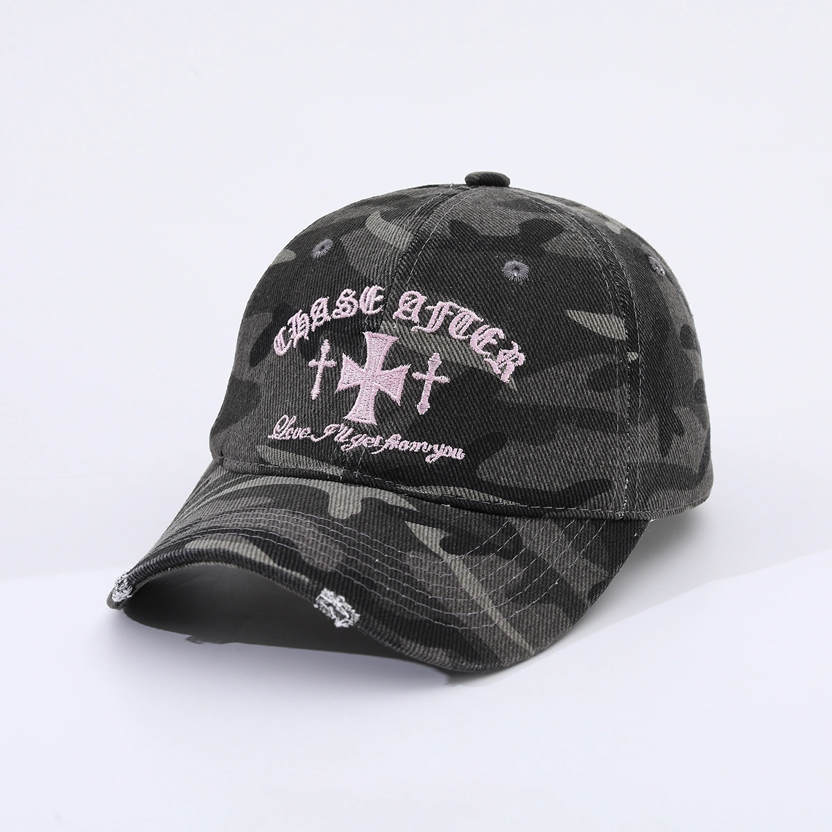 Pink Letter Cross-stitch Embroidered Beveled And Frayed Vintage Trend Baseball Cap Suitable For Street Dates, Shopping And Daily Wear