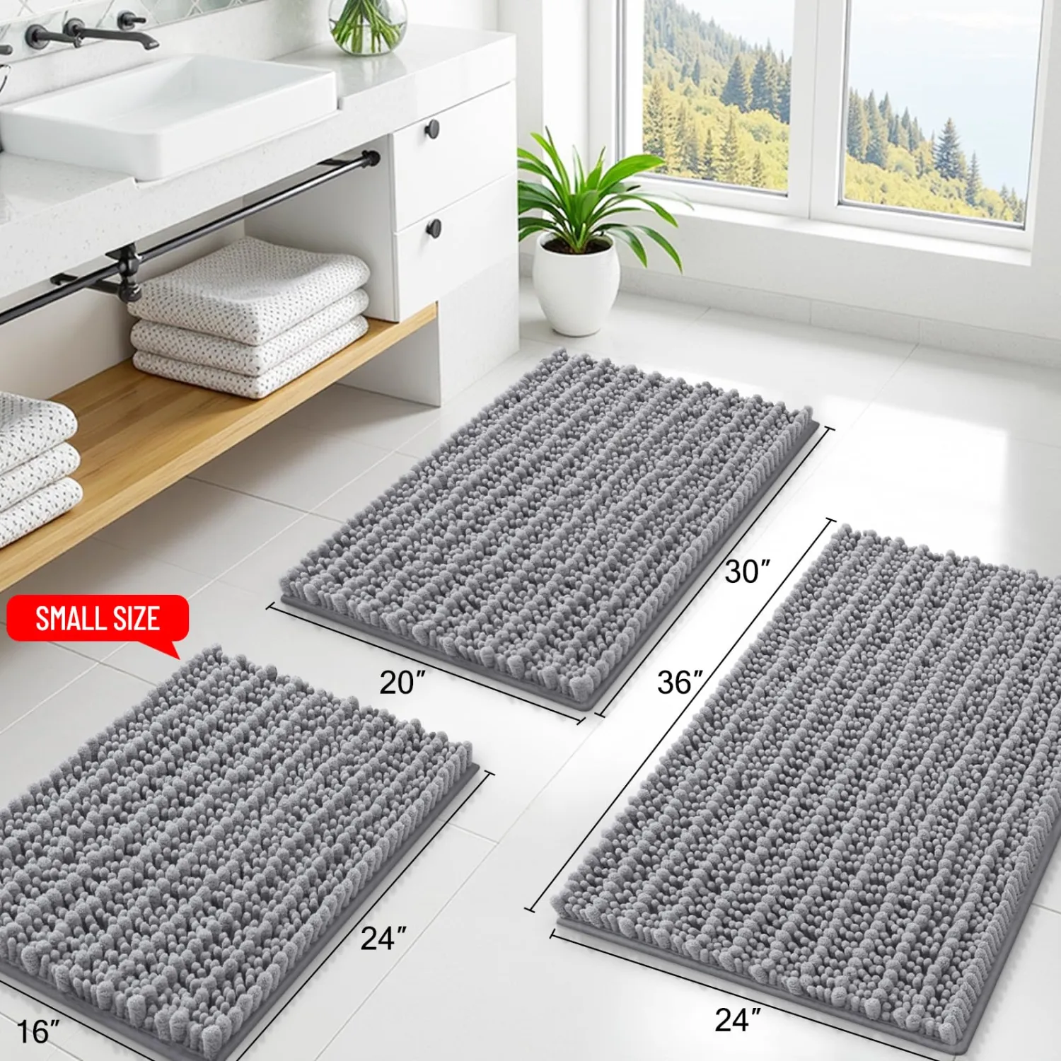 Smiry Bathroom Rugs Mat 44x24, Extra Soft Absorbent Chenille Bath Rugs, Non Slip Rubber Backing Machine Washable Quick Dry Bath Mats for Bathroom Floor, Tub, Shower, Home Decor Accessories, Grey