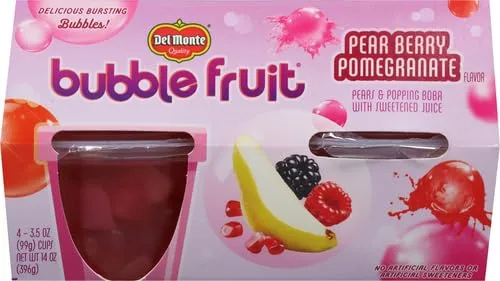Del Monte Bubble Fruit Pear Berry Pomegranate Pears & Popping Boba with Sweetened Juice 4-3.5 oz. Cups, Red