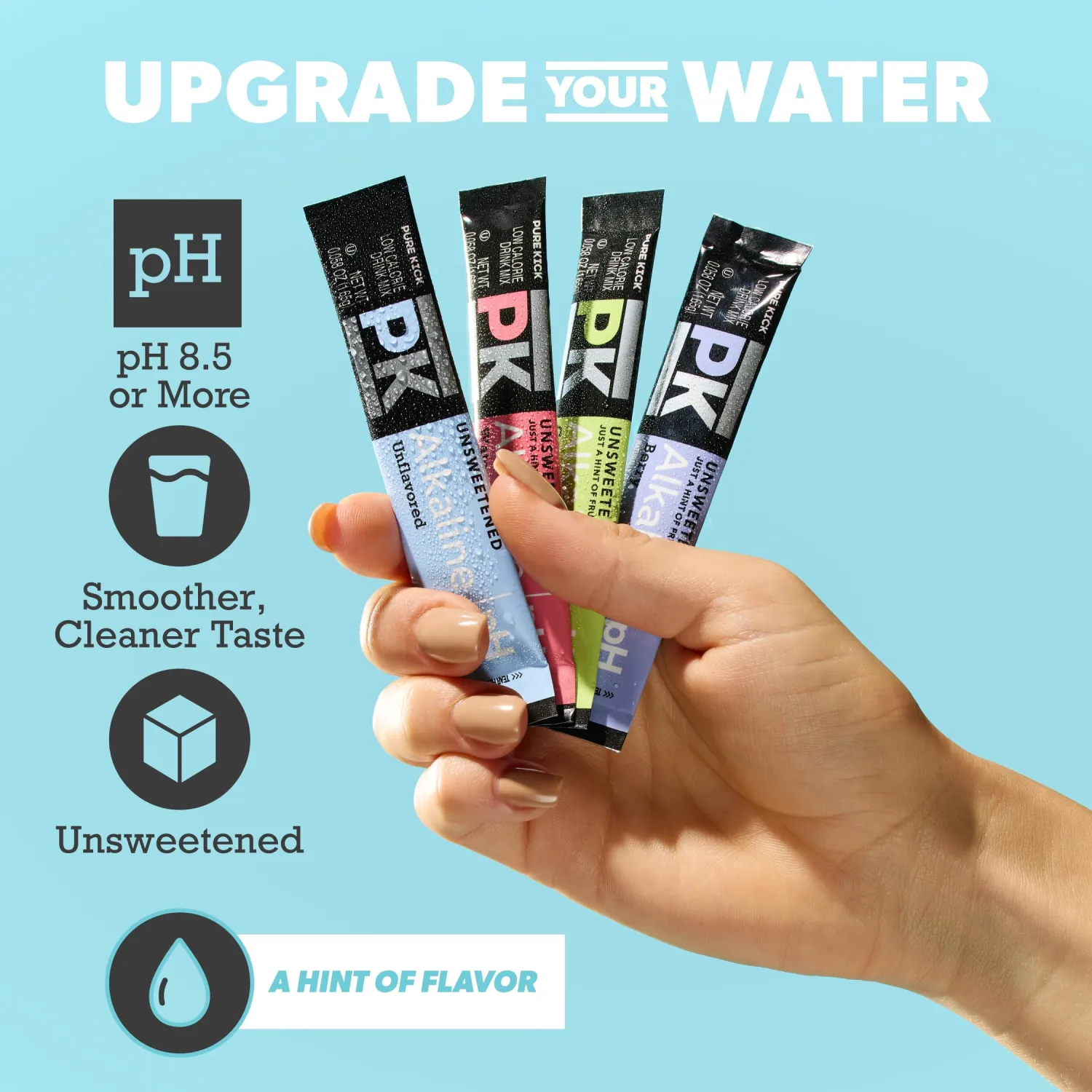 Pure Kick Alkaline Singles to Go! Powdered Drink Mix, 20ct Variety Pack, Unsweetened with a Hint of Flavor - Watermelon, Berry, Cucumber Lemon and Unflavored, 20 Servings (Pack – 1)