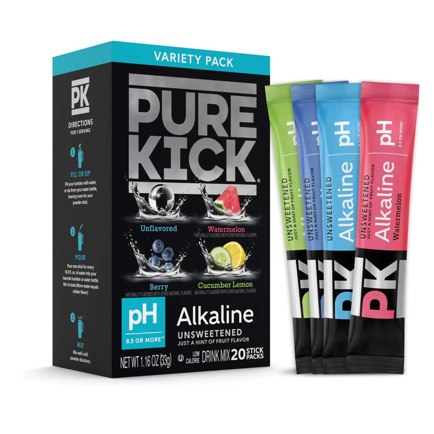 Pure Kick Alkaline Singles to Go! Powdered Drink Mix, 20ct Variety Pack, Unsweetened with a Hint of Flavor - Watermelon, Berry, Cucumber Lemon and Unflavored, 20 Servings (Pack – 1)