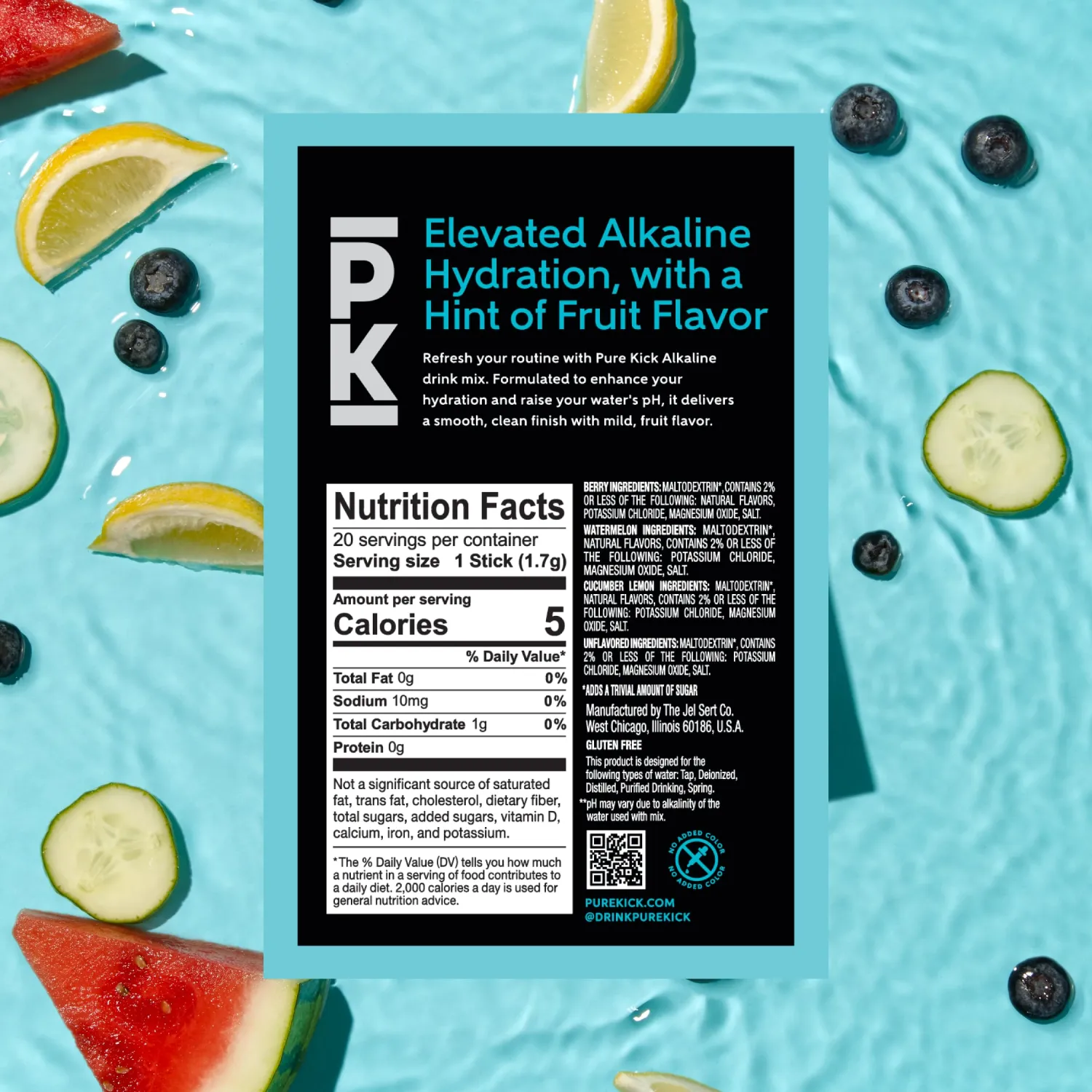 Pure Kick Alkaline Singles to Go! Powdered Drink Mix, 20ct Variety Pack, Unsweetened with a Hint of Flavor - Watermelon, Berry, Cucumber Lemon and Unflavored, 20 Servings (Pack – 1)