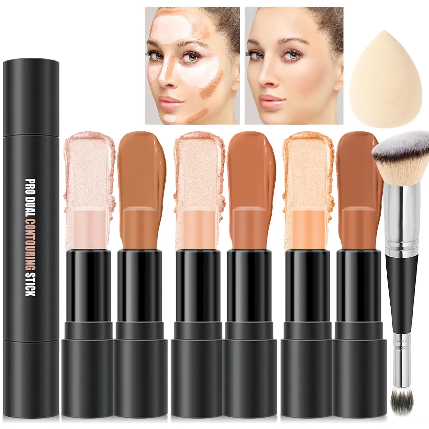 6 Colors Cream Contour Stick Makeup Kit, Shades with Highlighter, Blush and Double-End Bronzer Contour Stick for Sculpt the Cheeks, Long Lasting, Waterproof, Matte & Dewy Finish (SET B)