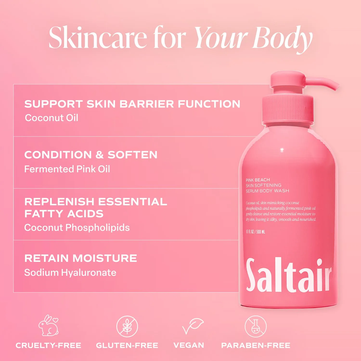 Saltair Body Wash 2-Pack – Moisturizing Body Wash with Hyaluronic Acid & Coconut Oil – Scented Shower Gel for Women and Men – Pink Beach Scent, 2x 17oz – Vegan, Cruelty-Free, Paraben-Free