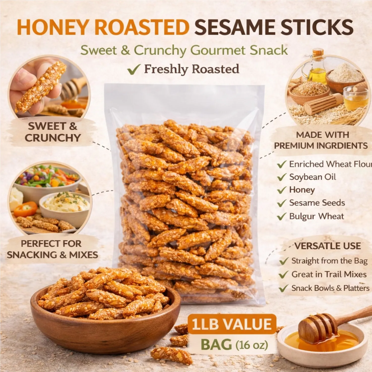 Honey Roasted Sesame Sticks, 1 lb (16 oz) | Sweet & Crunchy Gourmet Snack | Freshly Roasted | Perfect for Snacking & Party Mixes in Bag