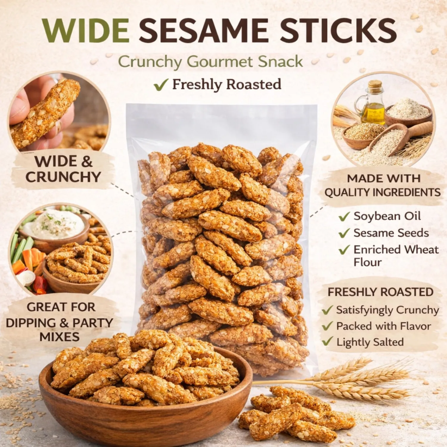 Wide Sesame Sticks, 1 lb (16 oz) | Sweet & Crunchy Gourmet Snack | Freshly Roasted | Perfect for Snacking & Party Mixes in Bag