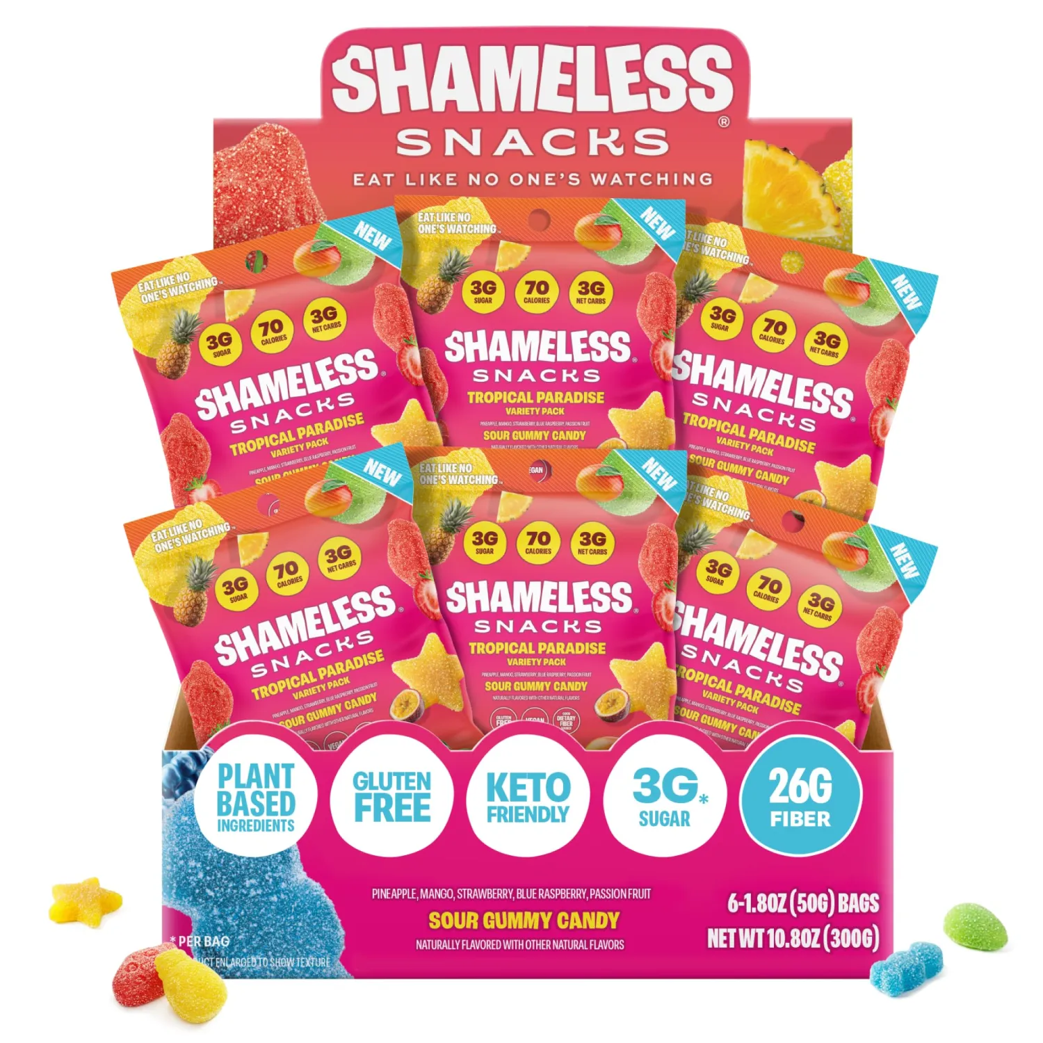Shameless Snacks Tropical Paradise Mixed Bag - Sour Candy & Fruit Snacks, 5 Tropical Flavors Per Bag Gummy Candy, Keto Snacks 3g Sugar Gluten Free Vegan for Adults