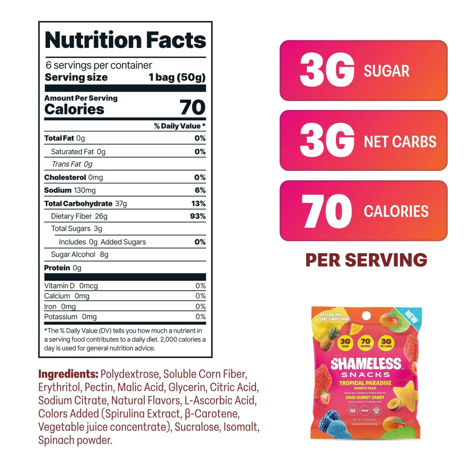 Shameless Snacks Tropical Paradise Mixed Bag - Sour Candy & Fruit Snacks, 5 Tropical Flavors Per Bag Gummy Candy, Keto Snacks 3g Sugar Gluten Free Vegan for Adults