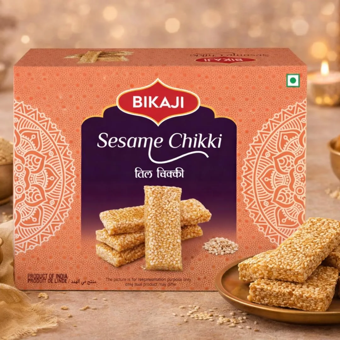 Bikaji Sesame Seed Chikki 14.11 oz (400g), Til & Jaggery Chikki, Traditional Indian Sweet, Crunchy Sesame Brittle, Authentic Indian Mithai, Winter Special Festive Gift Pack