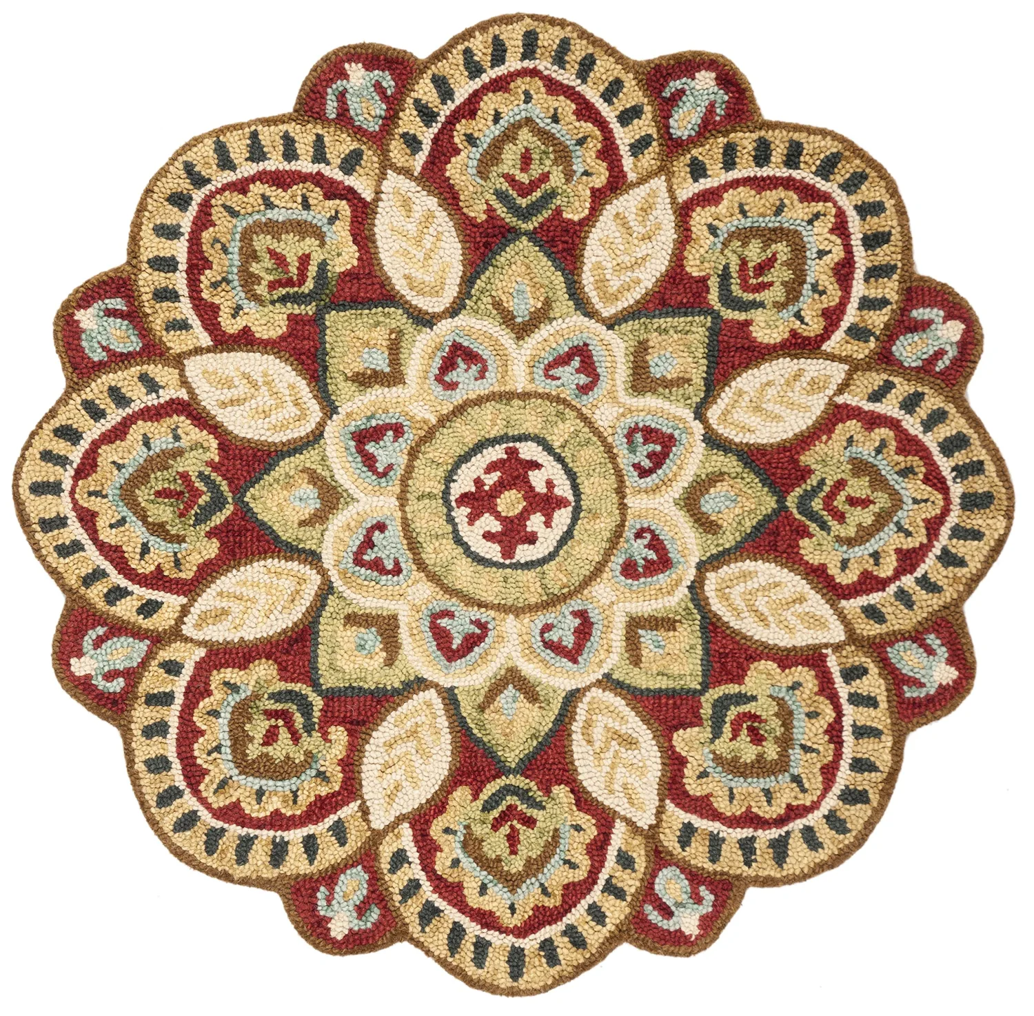 SAFAVIEH Novelty Collection Area Rug - 3' Round, Red & Taupe, Handmade Boho Floral Rustic Country Wool, Ideal for High Traffic Areas in Living Room, Bedroom (NOV604Q)