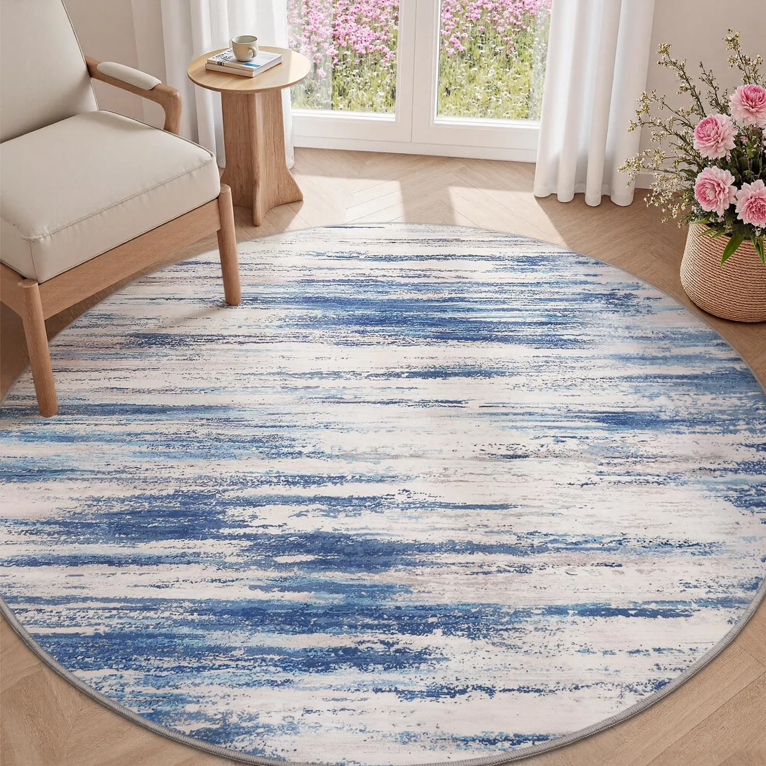 tchdio Round Rug 5FT Blue Modern Abstract Circle Rug for Bedroom Non Slip Soft Circular Rug Carpet Washable Round Area Rug, Blue, 5FT