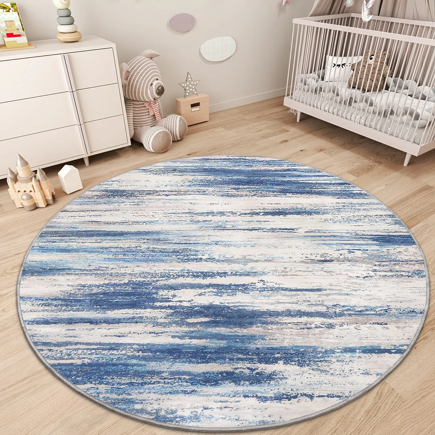 tchdio Round Rug 5FT Blue Modern Abstract Circle Rug for Bedroom Non Slip Soft Circular Rug Carpet Washable Round Area Rug, Blue, 5FT