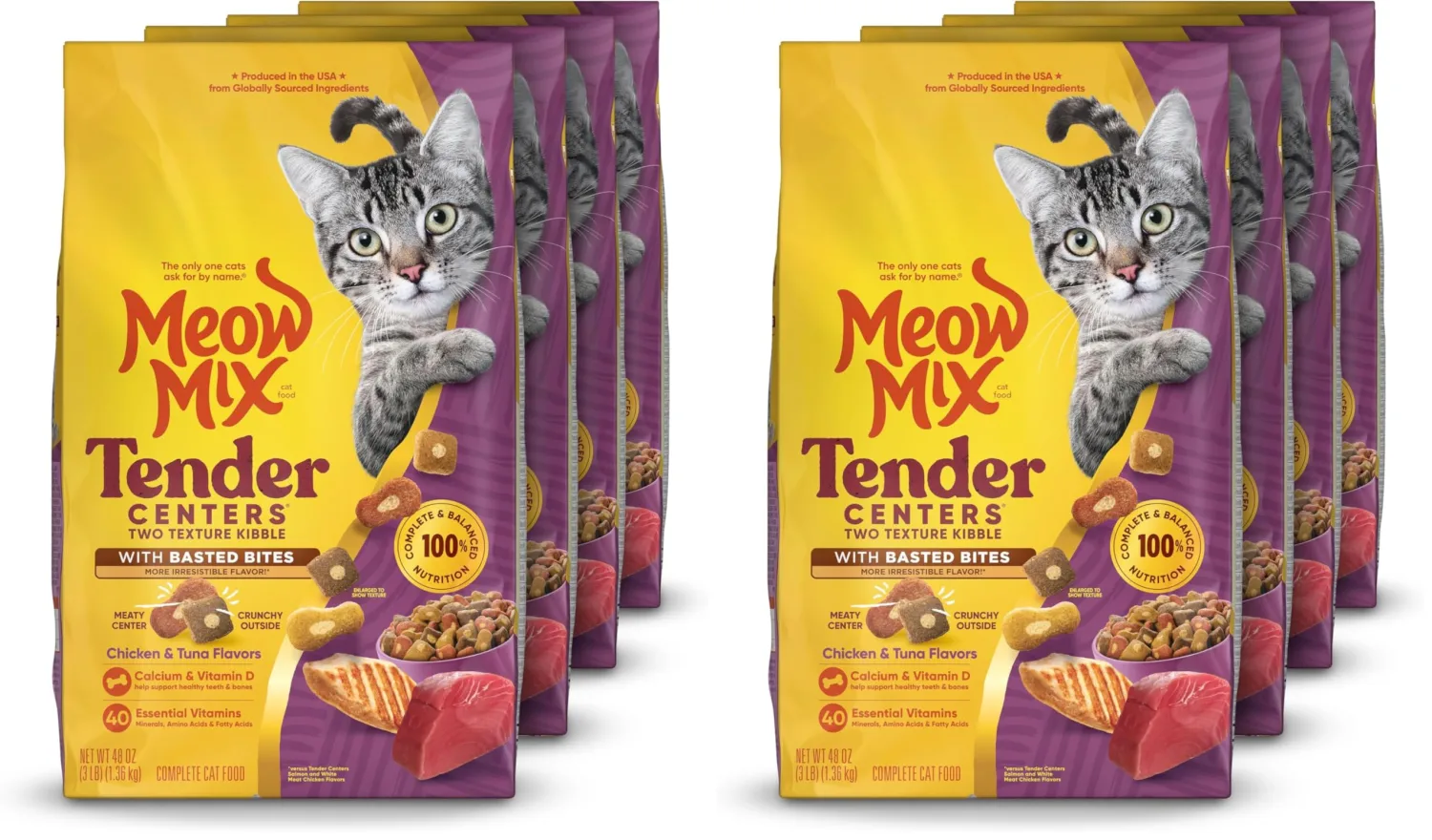 Meow Mix Tender Centers Basted Bites Dry Cat Food,Chicken & Tuna Flavor,3 Pound,Crunchy Outside Meaty Inside,(Pack of 8)