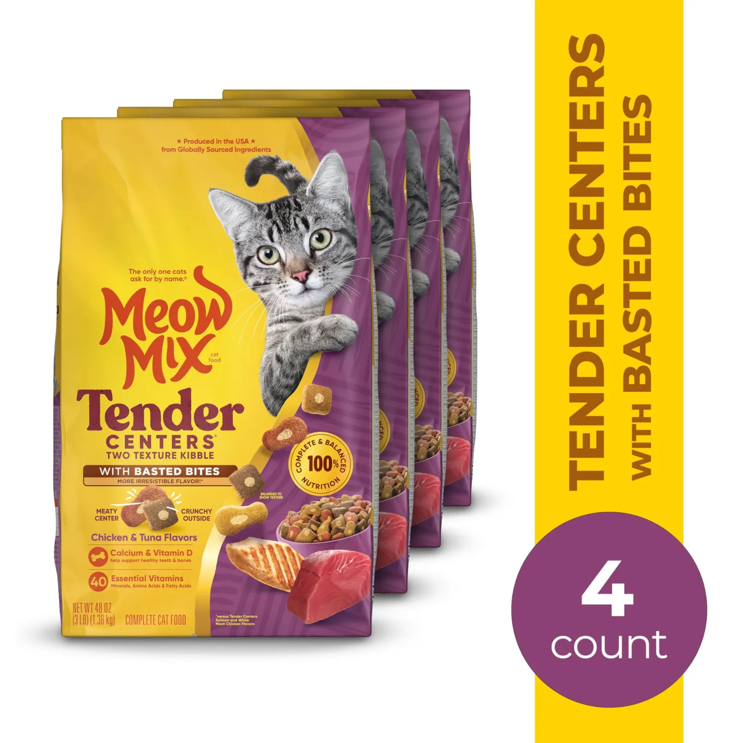Meow Mix Tender Centers Basted Bites Dry Cat Food,Chicken & Tuna Flavor,3 Pound,Crunchy Outside Meaty Inside,(Pack of 8)