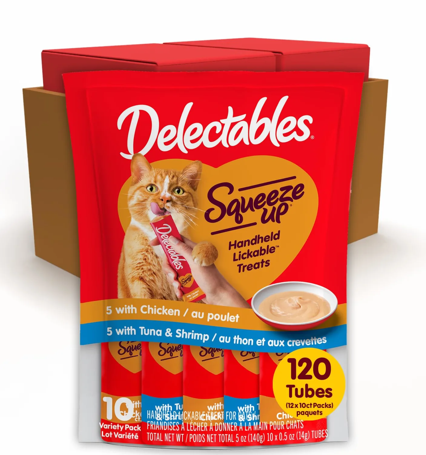 Delectables Squeeze Up Variety Pack, Creamy Squeezable Puree, Lickable Wet Cat Treats, Grain-Free, No Added Fillers, 0.5 Ounces Tube, 120 Tubes Total