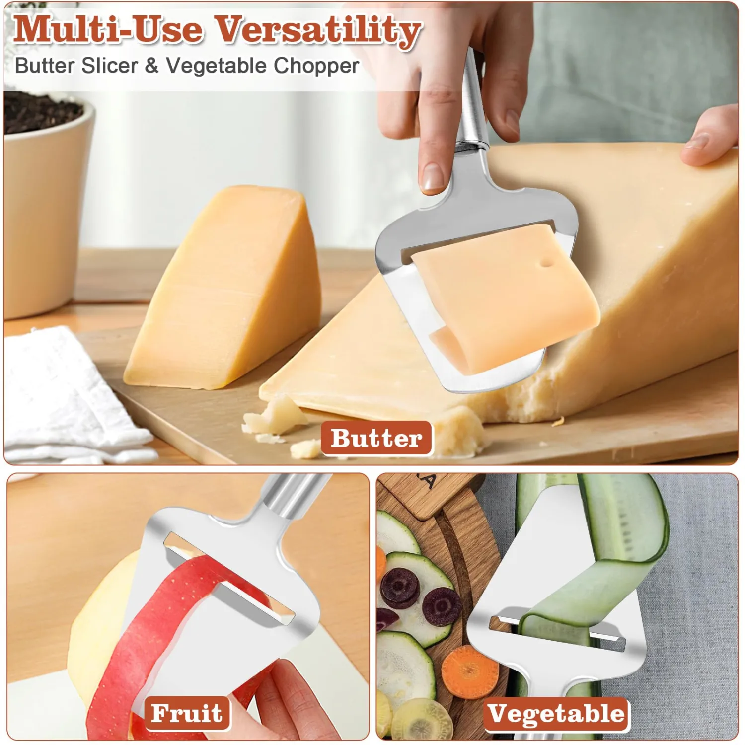 Premium Stainless Steel Cheese Slicer For All Types Of Cheese, Multi-Functional Handheld Cheese Slicers Cutter For Block And Hard, Dishwasher Safe, Essential For Every Kitchen.