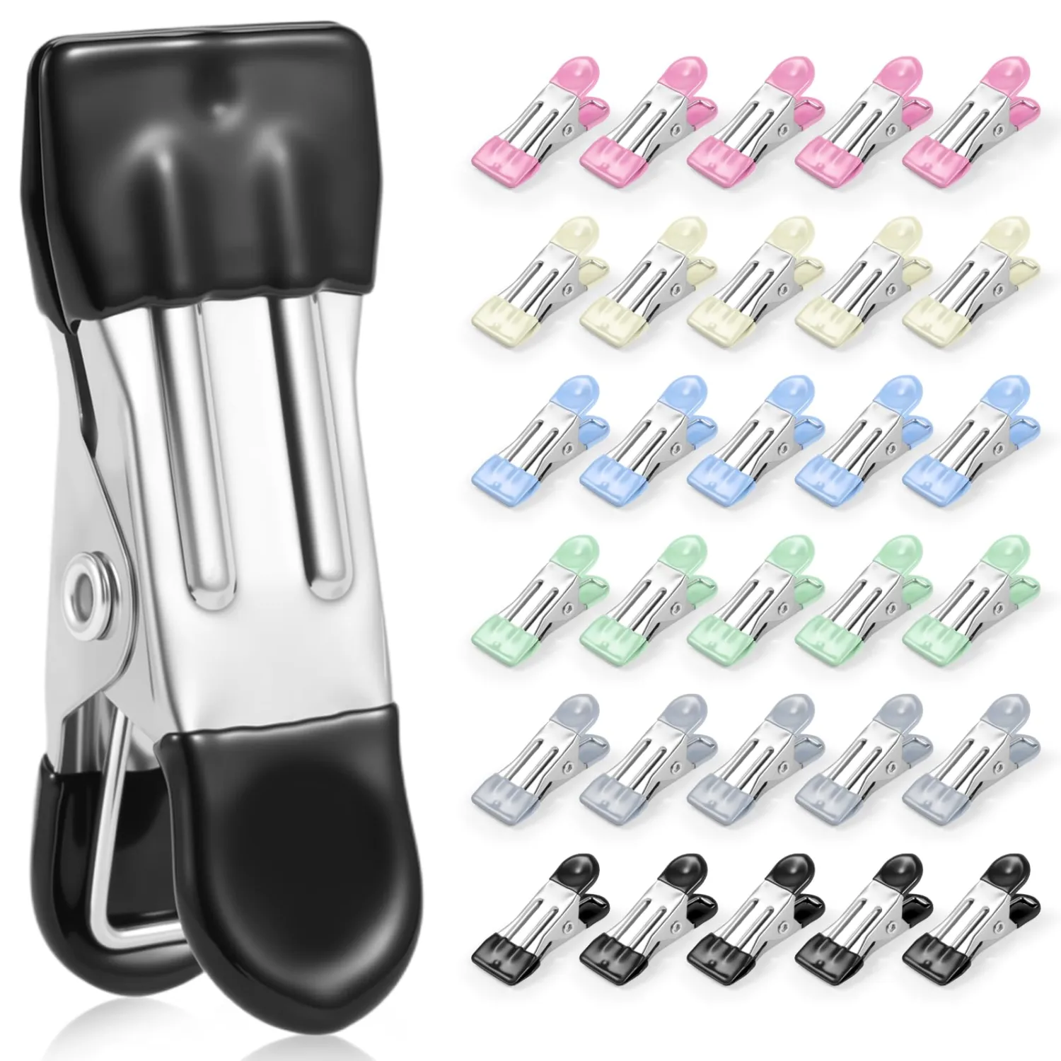 Clothes Pins, Senbowe 30 Pack Chip Clips, 2.17 Inch Metal Chip Bag Clips, Food Clips for Kitchen Stainless Steel with Rubber, Clothespins for Photo Drying Clothesline Laundry Sock Heavy Duty