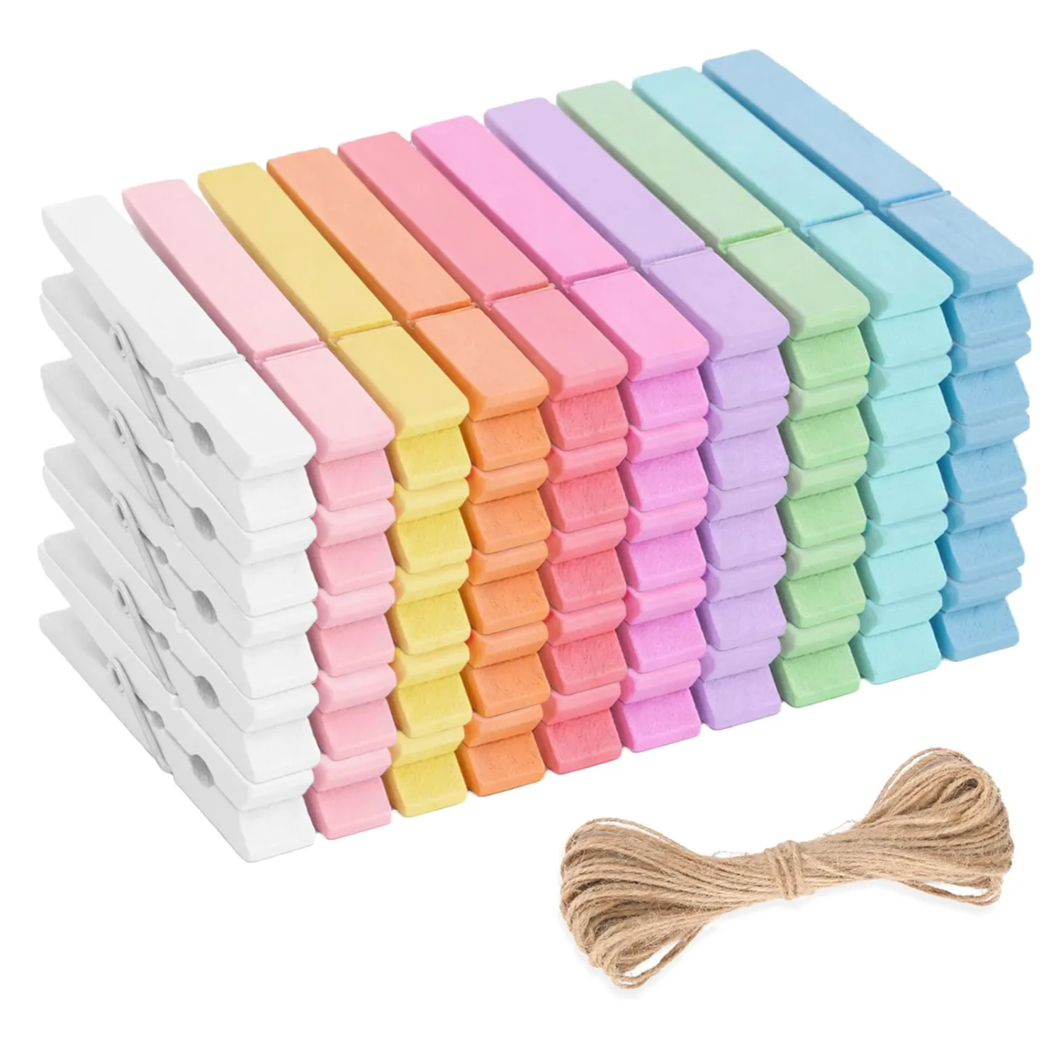 jijAcraft 50Pcs Large Clothespins - 2.9Inch Clothes Pins with Twine, 10Colors Photo Display Hanging Clips, Macaron Colors Wooden Craft Clips for Birthday, Baby Shower, Wedding