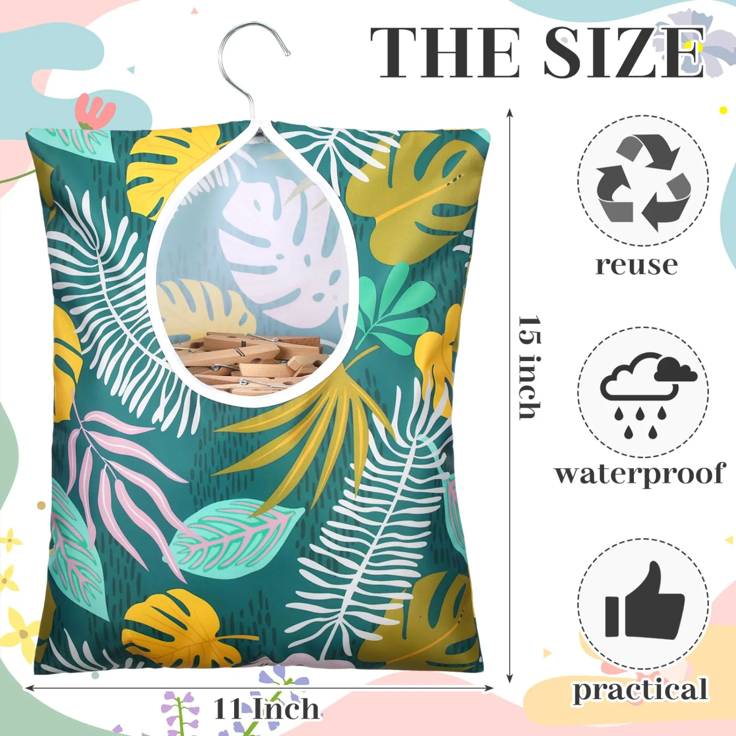 Woanger 2 Pcs Clothes Pin Bag Clothespin Holder 15 x 11 in to Hang on Line Clothes Pin Hanging Bag for Clothesline Outdoor Storage Organizer Basket with Large Opening(Leaves Style)