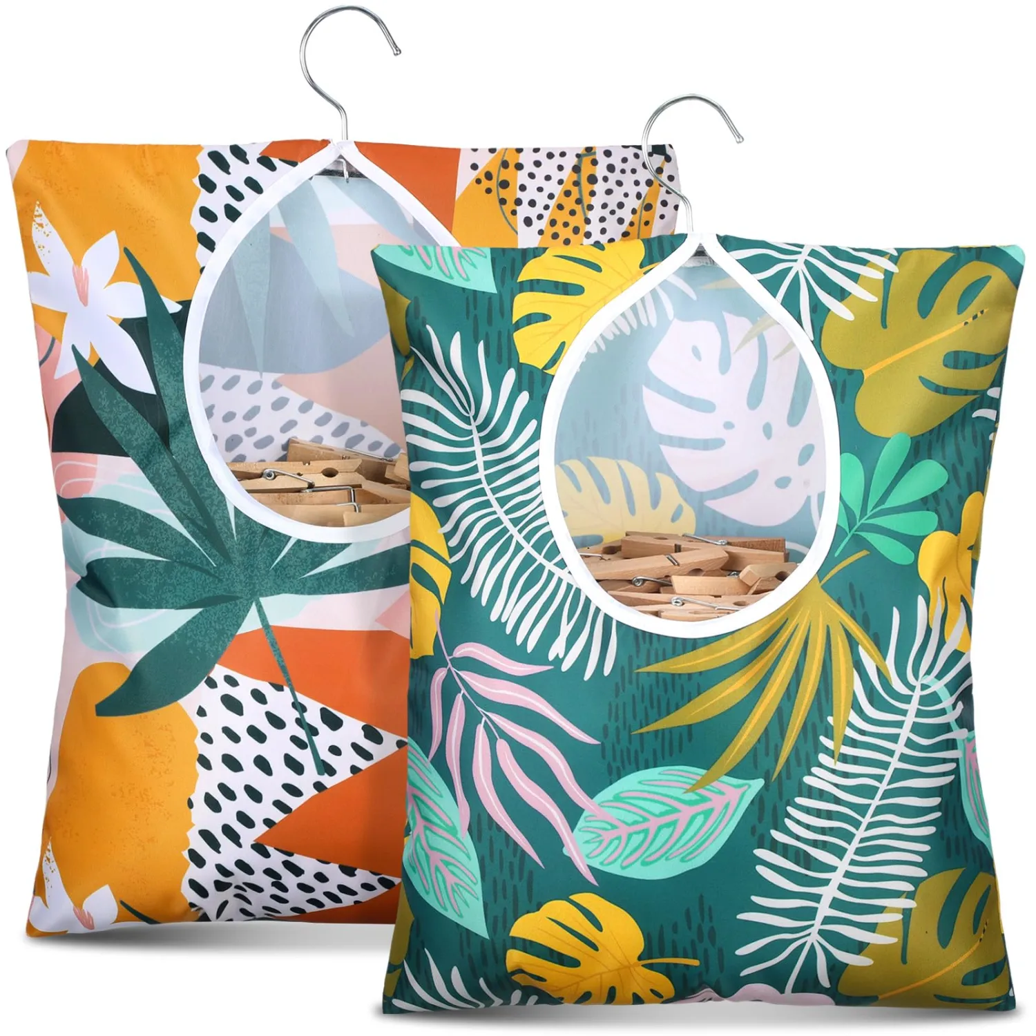 Woanger 2 Pcs Clothes Pin Bag Clothespin Holder 15 x 11 in to Hang on Line Clothes Pin Hanging Bag for Clothesline Outdoor Storage Organizer Basket with Large Opening(Leaves Style)