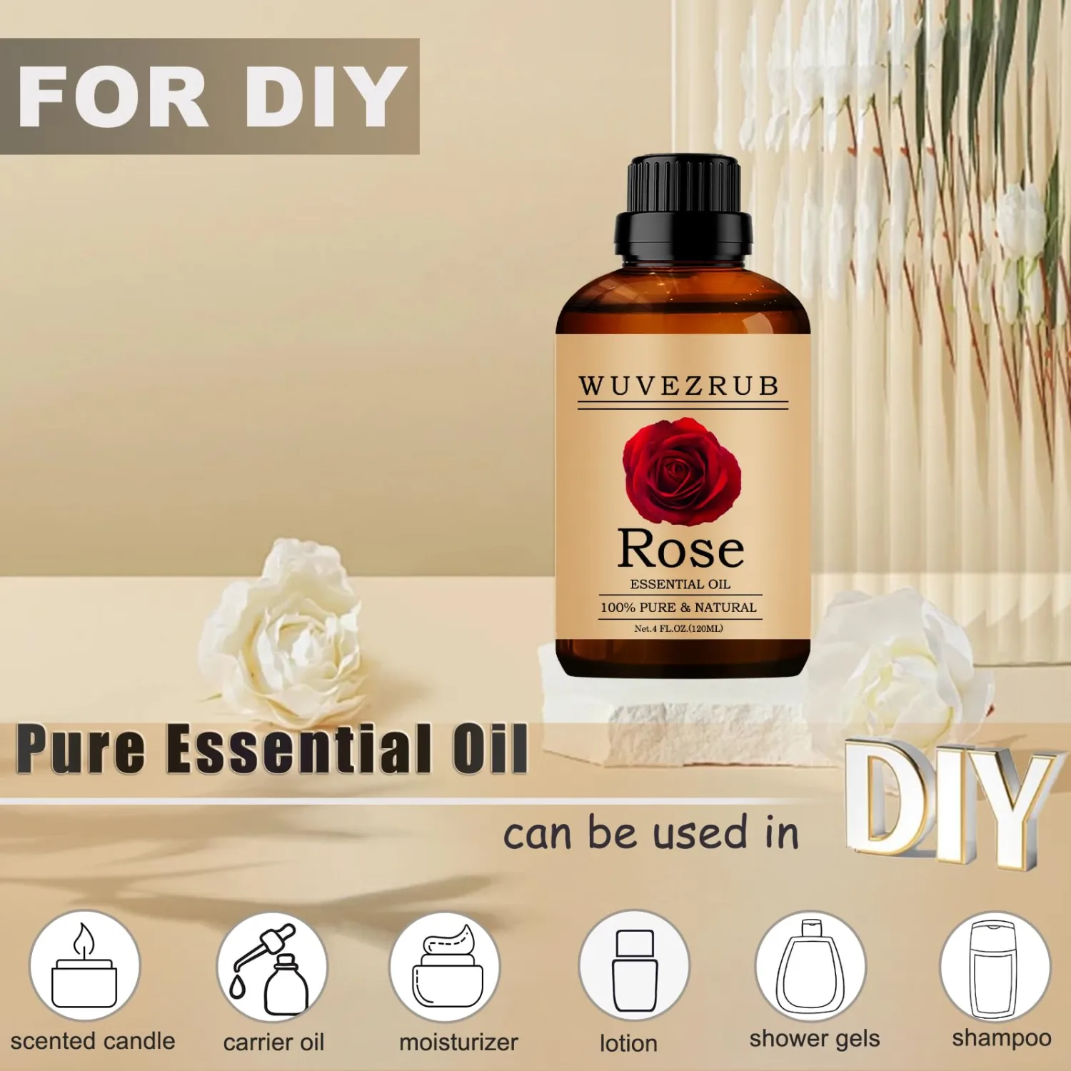 Rose Essential Oils 120ML, 100% Pure and Natural Essential Oil for Aromatherapy Diffuser - 4 Fl Oz/Rose