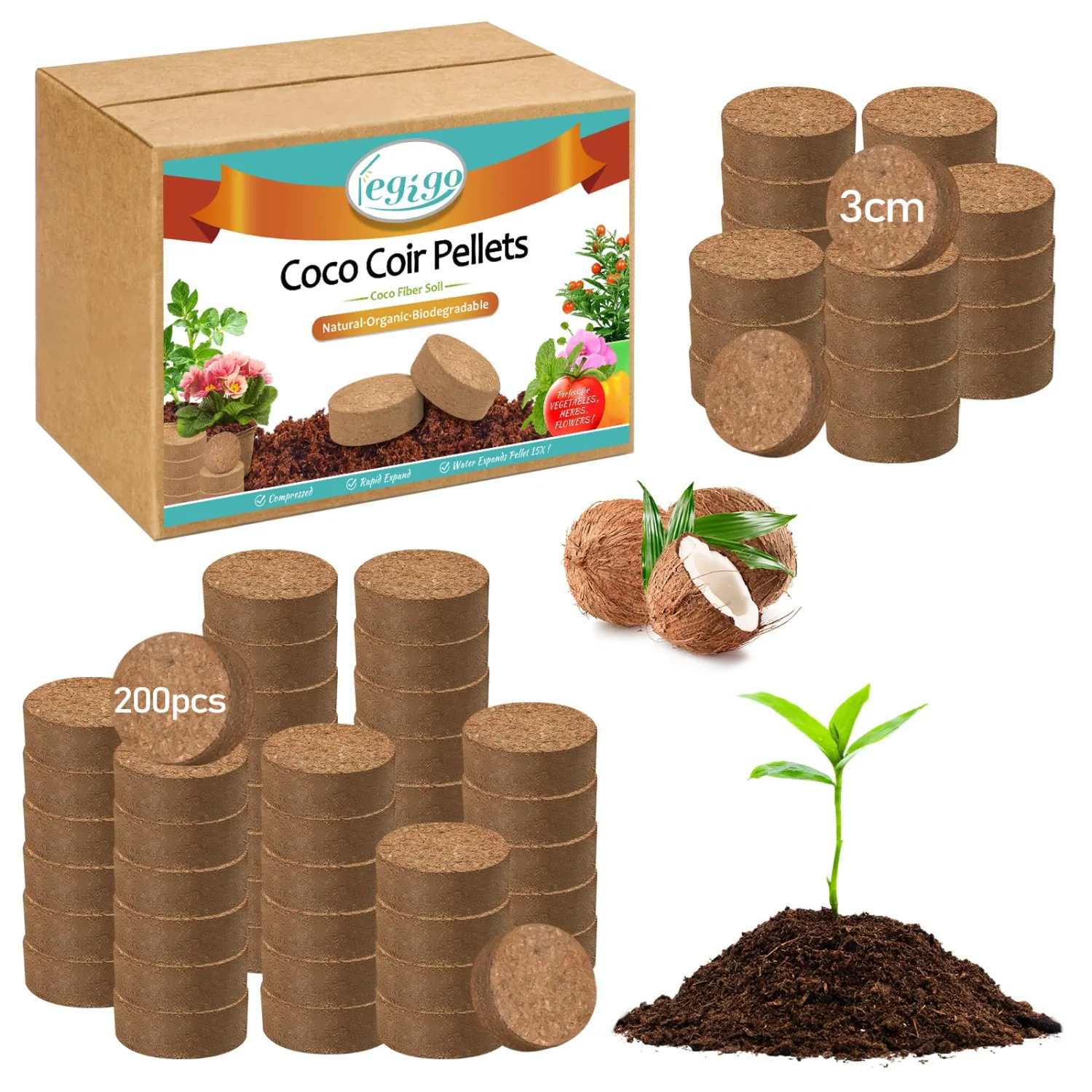 Legigo 200 PCS 30mm Coco Coir Pellets Potting Soil Mix- Compressed Coconut Coir Discs Seed Starting Soil Pellets, Coco Peat Soil Pods for Indoor & Outdoor Plants, Gardening Herbs Bonsai and Vegetables