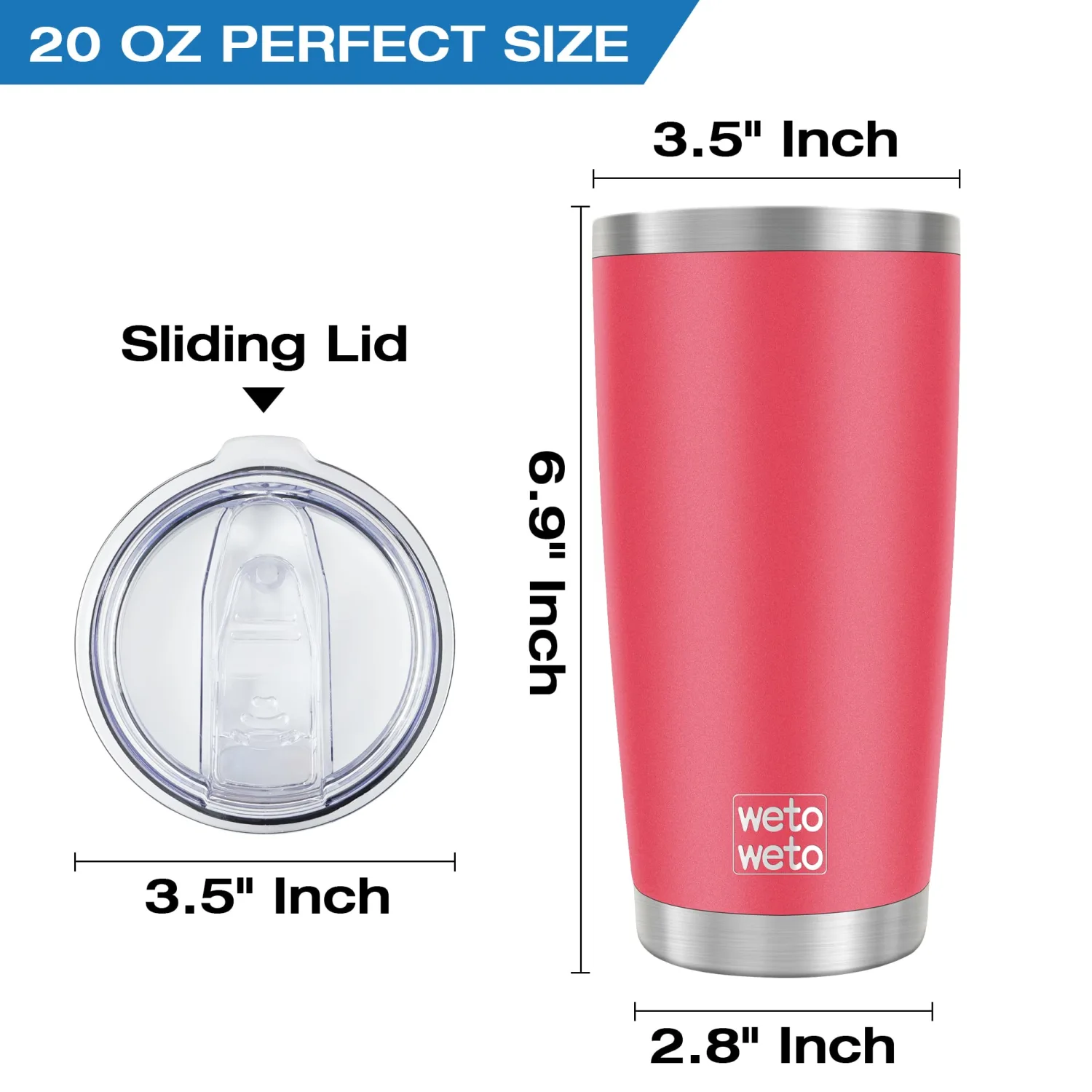 WETOWETO 20oz Tumbler, Stainless Steel Vacuum Insulated Water Coffee Tumbler Cup, Double Wall Powder Coated Spill-Proof Travel Mug Thermal Cup for Home Outdoor (Watermelon Red, 1 Pack)