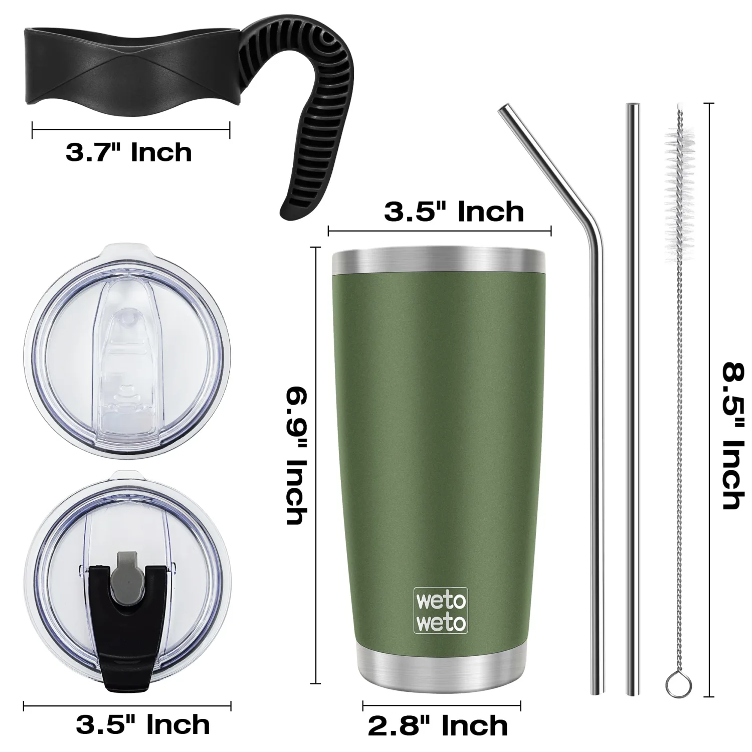 WETOWETO 20oz Insulated Stainless Steel Tumbler, Coffee Tumbler with 2 Lids and 2 Straws, Double Wall Vacuum Travel Coffee Mug, Powder Coated Leak-Proof Cup for Travel (Army Green, 1 Pack)