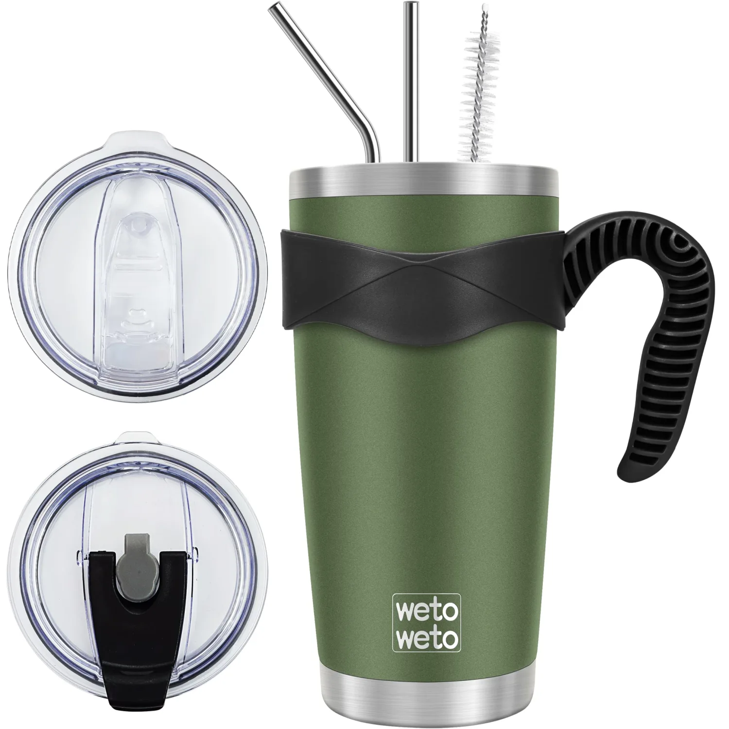 WETOWETO 20oz Insulated Stainless Steel Tumbler, Coffee Tumbler with 2 Lids and 2 Straws, Double Wall Vacuum Travel Coffee Mug, Powder Coated Leak-Proof Cup for Travel (Army Green, 1 Pack)