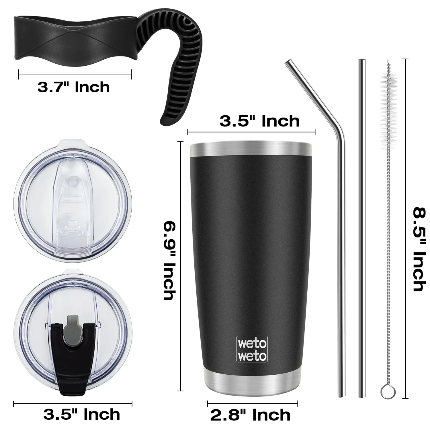 WETOWETO 20oz Tumbler with 2 lids and 2 straws, Stainless Steel Vacuum Insulated Coffee Tumbler Cup, Double Wall Powder Coated Leak-proof Travel Coffee Mug Cup (Black, 1 Pack)