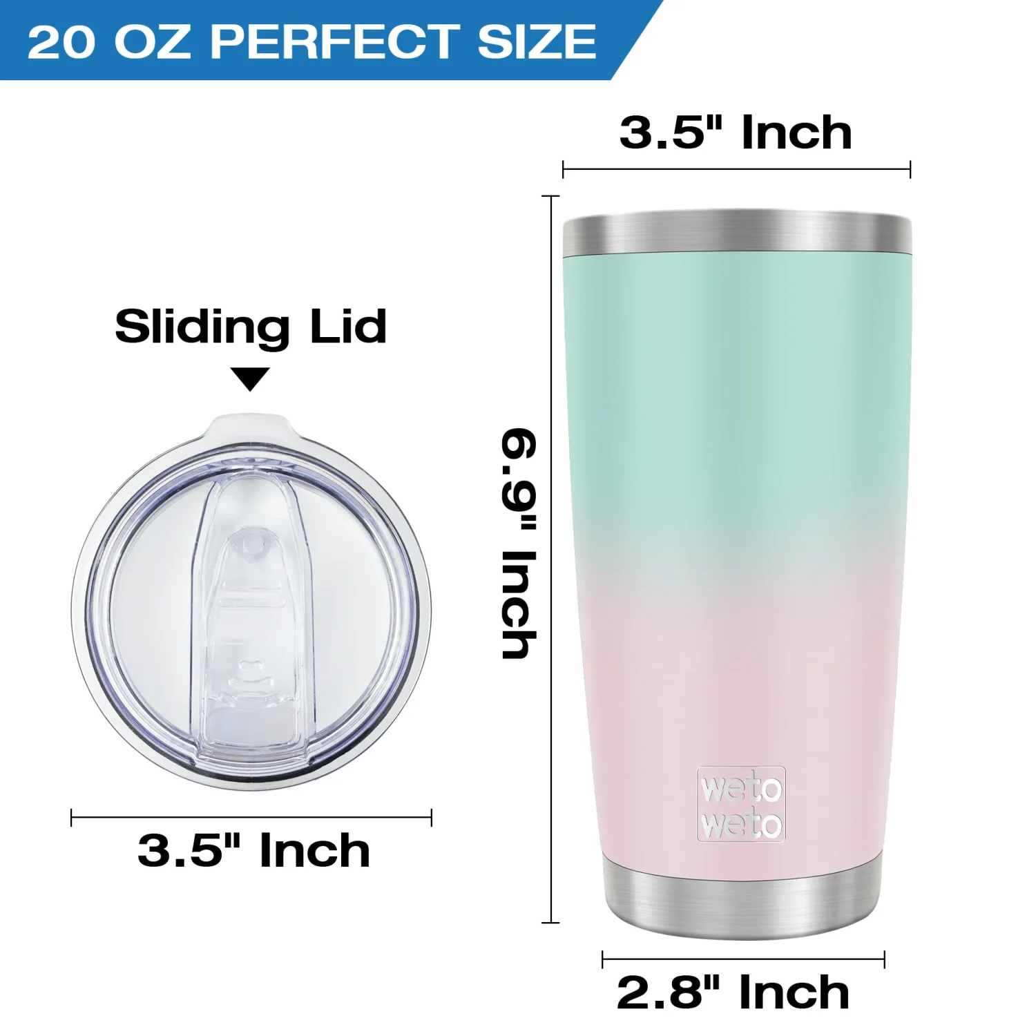 WETOWETO 20oz Insulated Stainless Steel Tumbler, Double Wall Vacuum Leak-proof Travel Coffee Mug, Powder Coated Water Cup (Green-Pink Gradient, 1 Pack)