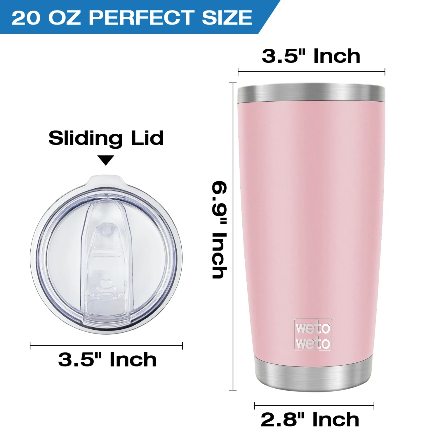 WETOWETO 20oz Tumbler, Stainless Steel Vacuum Insulated Water Coffee Tumbler Cup, Double Wall Powder Coated Spill-Proof Travel Mug Thermal Cup for Home Outdoor (Ice Pink, 1 Pack)