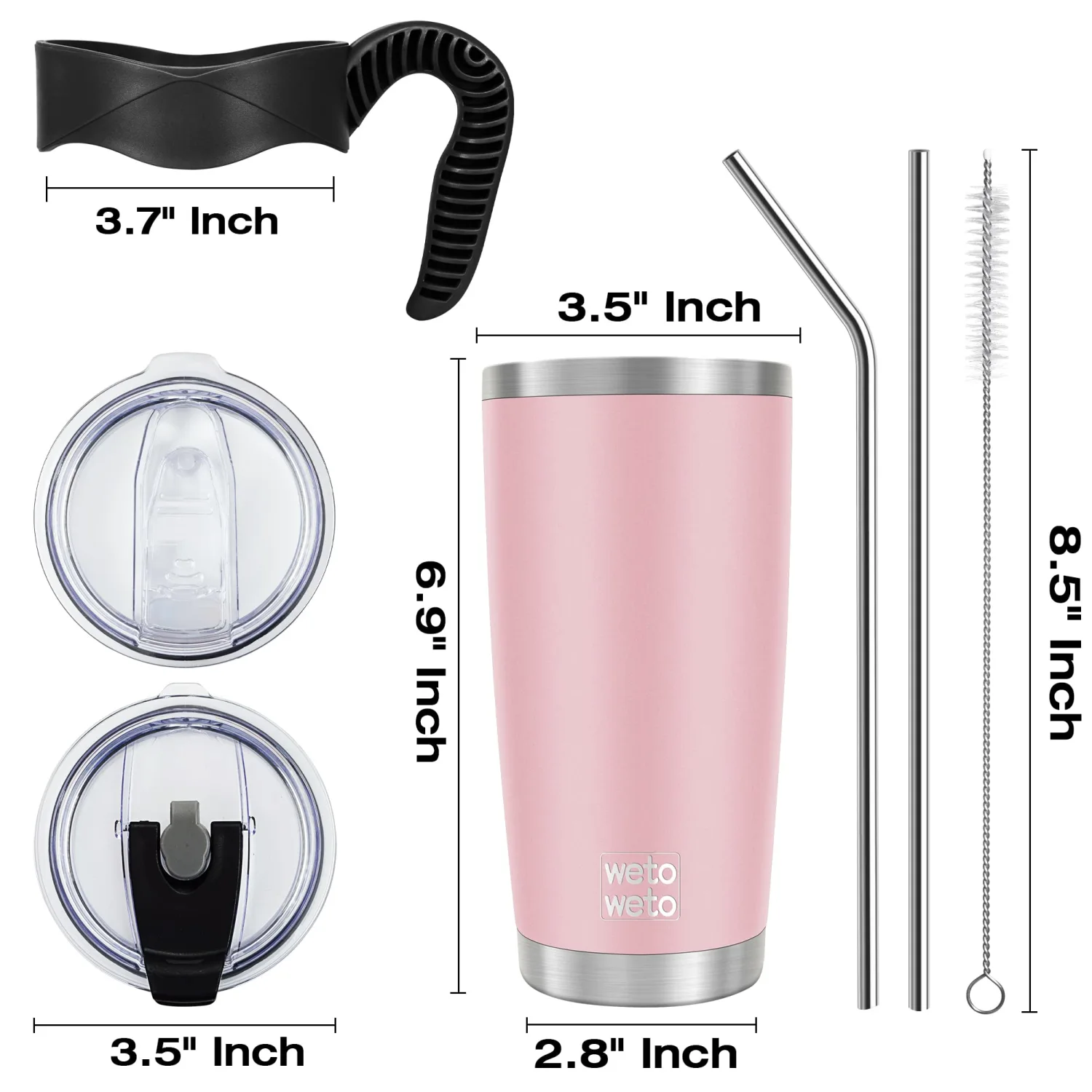 WETOWETO 20oz Tumbler with 2 lids and 2 straws, Stainless Steel Vacuum Insulated Water Coffee Tumbler Cup with Handle, Double Wall Powder Coated Travel Mug Thermal Cup (Ice Pink, 1 Pack)