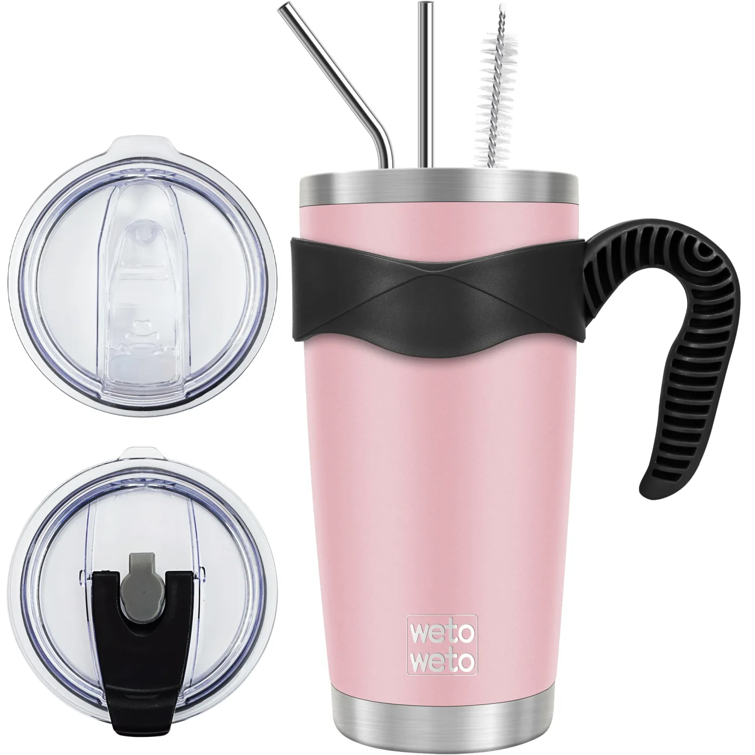 WETOWETO 20oz Tumbler with 2 lids and 2 straws, Stainless Steel Vacuum Insulated Water Coffee Tumbler Cup with Handle, Double Wall Powder Coated Travel Mug Thermal Cup (Ice Pink, 1 Pack)