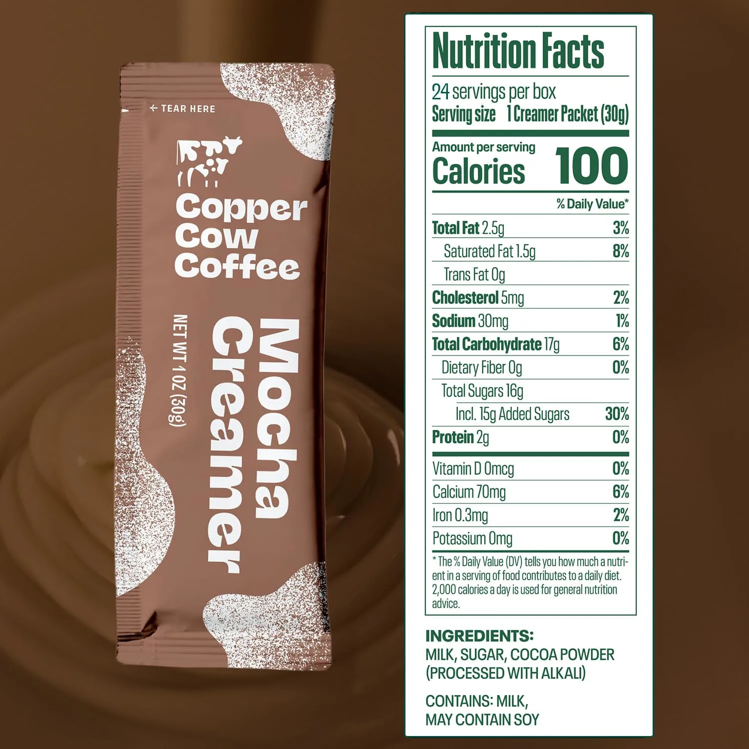 Copper Cow Coffee Sweetened Mocha Milk Creamer Singles (8 pack) | Vietnamese Inspired Coffee Creamer, All Natural Creamer Packets for Pour Overs & Lattes | No Refrigeration Needed, Travel Friendly