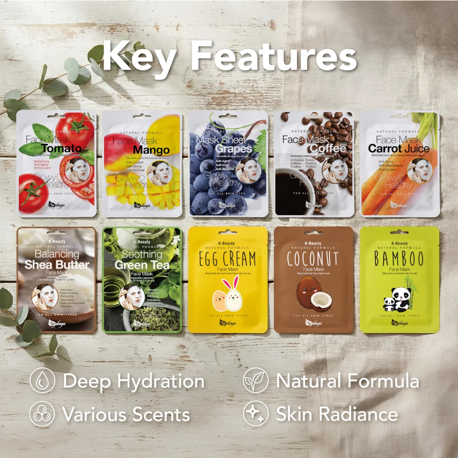 Saplaya Scented Facemask Sheets Skin Care Mask Single Scent K-Beauty Natural Formula(Coffee 12 Pack)