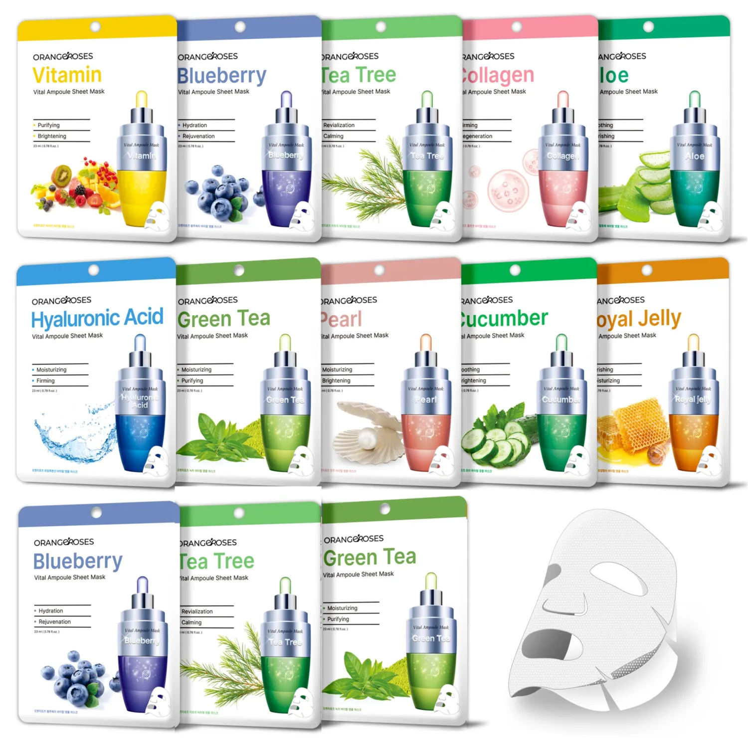 【Orangeroses】 13 Pcs Combo Vital Ampoule Sheet Mask, Korean Facial Skincare Sheet | Simple & Effective Skincare Routine | Moisturization | Wrinkle Care | Brightening (New Upgraded Mask)
